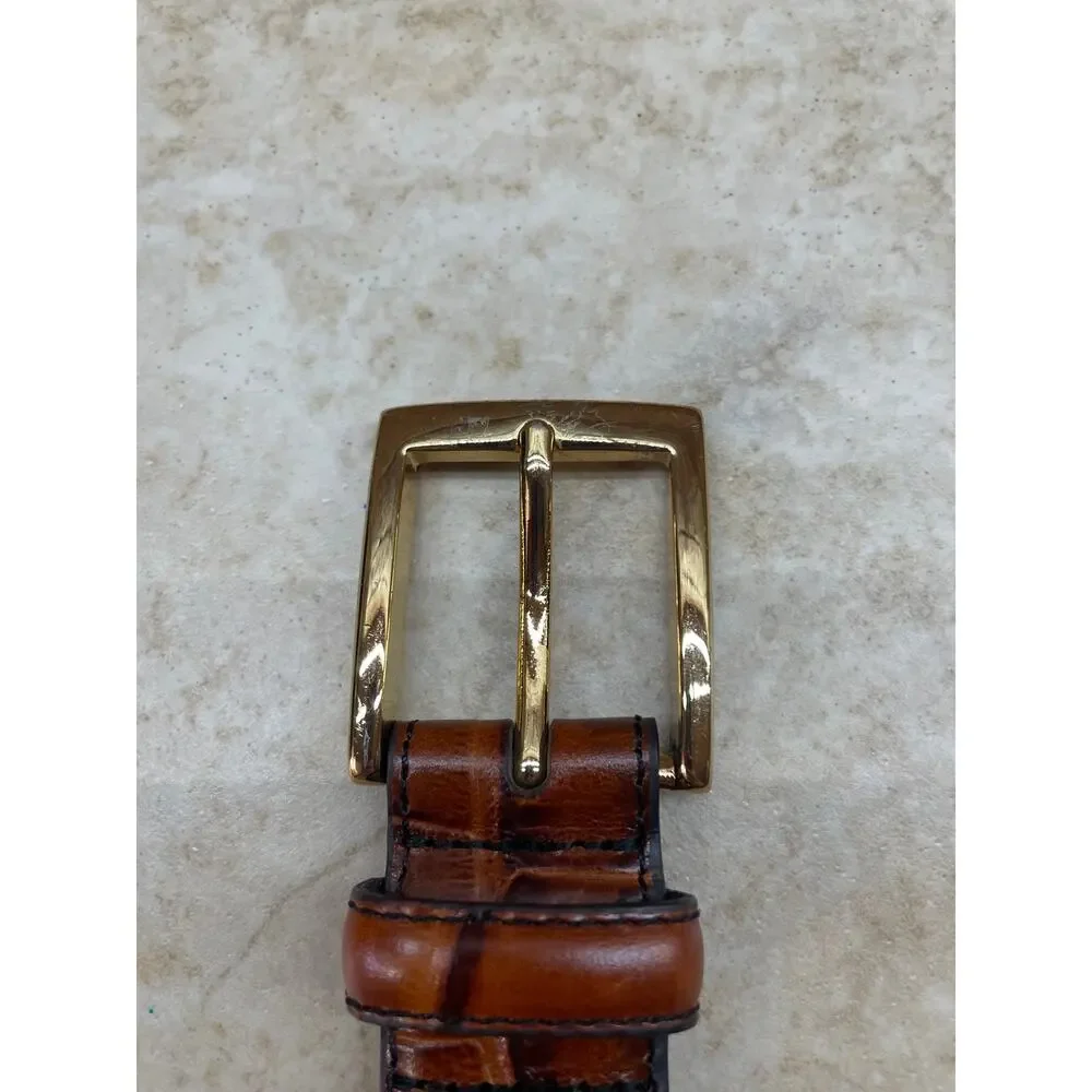 Jos A Bank Dress Belt Size 42 Leather Brown Croc Embossed Gold Tone Buckle